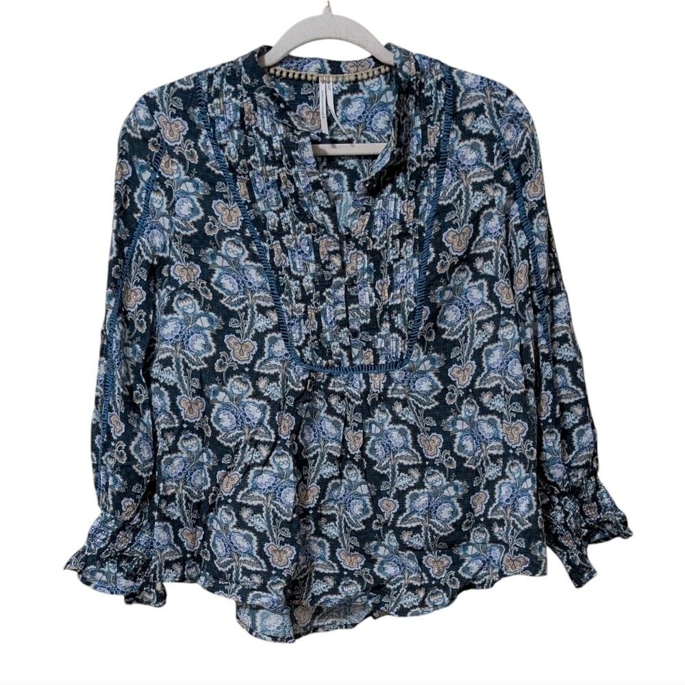 by Anthropologie Henley Peasant Blouse size Small Blue romantic comfy casual - Picture 1 of 9